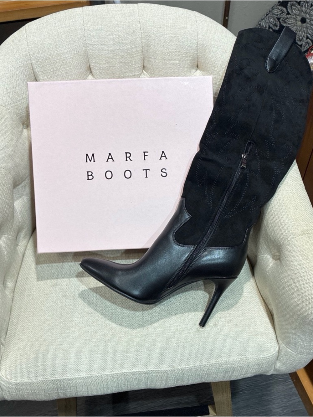 Marfa Boots Women's Black Leather & Suede High-Heel Knee Boots